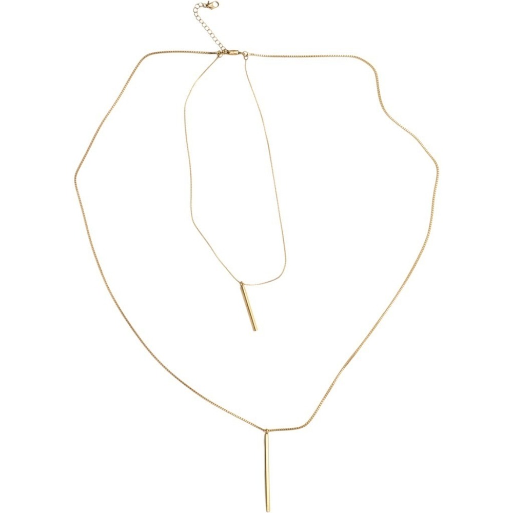 Gold Tone Double Layer Box Chain Necklace Minimalist Bar Pendant Adjustable